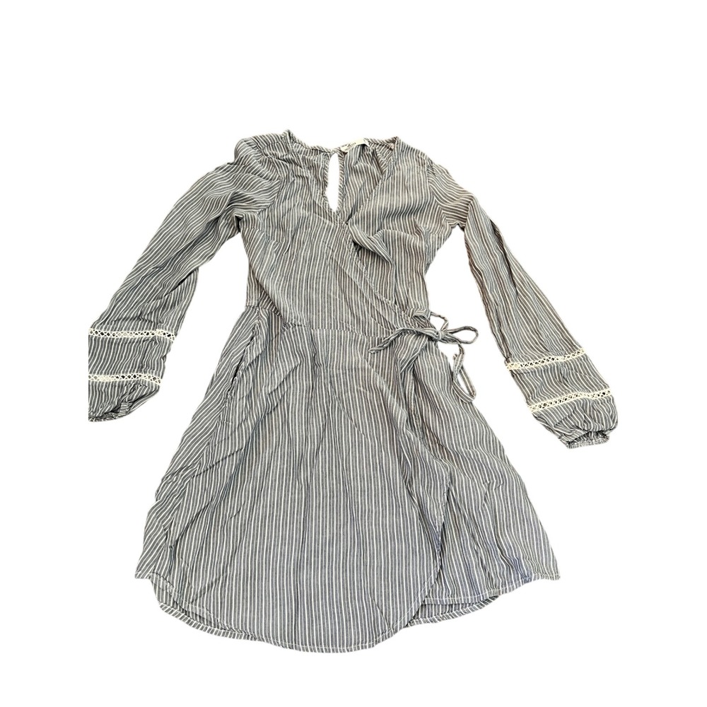 Hollister Blue White Striped Wrap Dress Crochet Lace Long Sleeve Mini